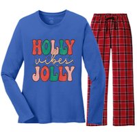 Retro Vintage Holly Vibes Jolly Merry Christmas Holiday Gift Women's Long Sleeve Flannel Pajama Set 