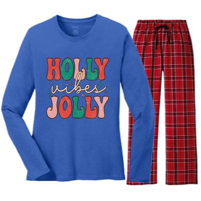 Retro Vintage Holly Vibes Jolly Merry Christmas Holiday Gift Women's Long Sleeve Flannel Pajama Set 