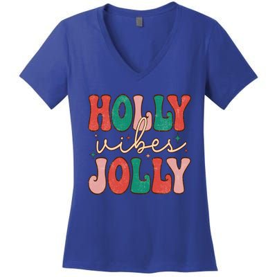 Retro Vintage Holly Vibes Jolly Merry Christmas Holiday Gift Women's V-Neck T-Shirt