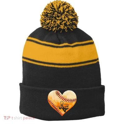 Retro Vintage Houston Texas Baseball Heart With Map Stripe Pom Pom Beanie