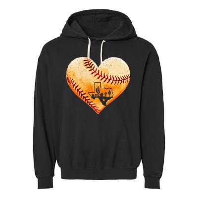 Retro Vintage Houston Texas Baseball Heart With Map Garment-Dyed Fleece Hoodie