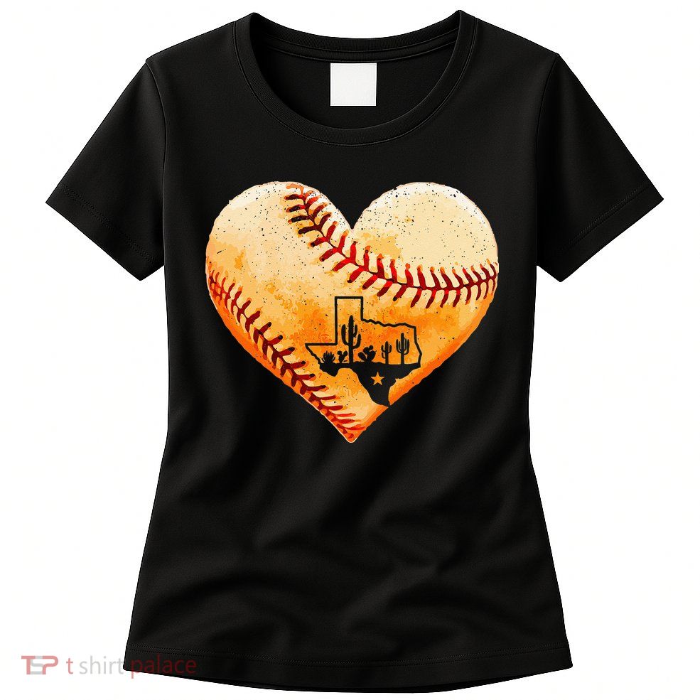 Retro Vintage Houston Texas Baseball Heart With Map Womens T-Shirt