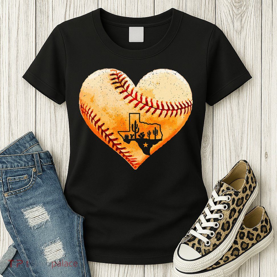 Retro Vintage Houston Texas Baseball Heart With Map Womens T-Shirt