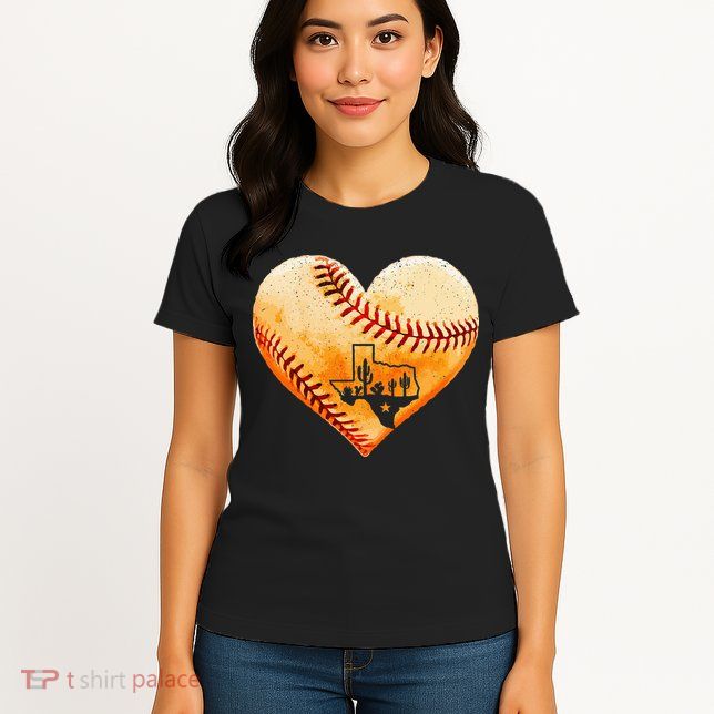 Retro Vintage Houston Texas Baseball Heart With Map Womens T-Shirt
