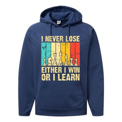 Retro Vintage I Never Lose I Either Win Or Learn Funny Chess Player Performance Fleece Hoodie