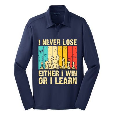 Retro Vintage I Never Lose I Either Win Or Learn Funny Chess Player Silk Touch Performance Long Sleeve Polo