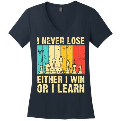 Retro Vintage I Never Lose I Either Win Or Learn Funny Chess Player Women's V-Neck T-Shirt