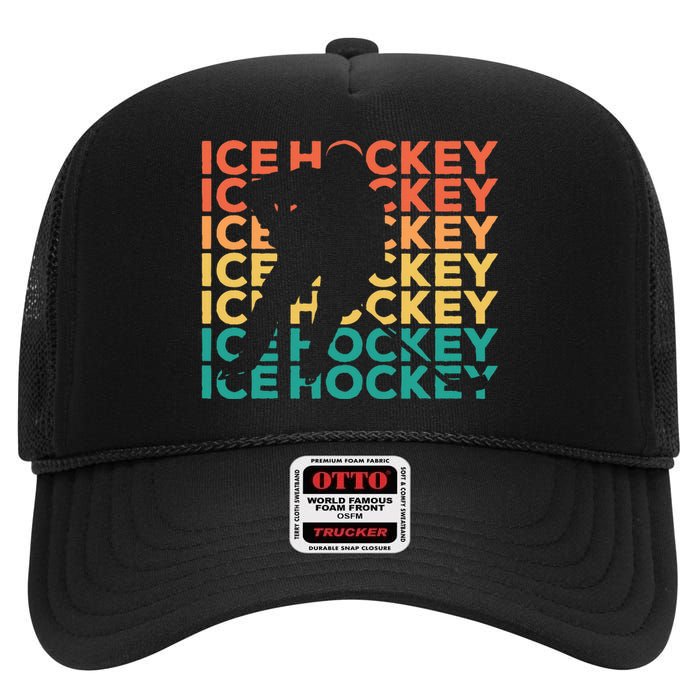 Retro Vintage Ice Hockey Gift For Ice Hockey Players High Crown Mesh Back Trucker Hat