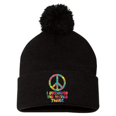 Retro Vintage I Survived The Sixties Twice Rainbow Tie Dye Pom Pom 12in Knit Beanie