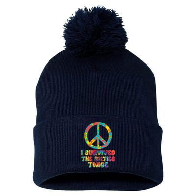 Retro Vintage I Survived The Sixties Twice Rainbow Tie Dye Pom Pom 12in Knit Beanie