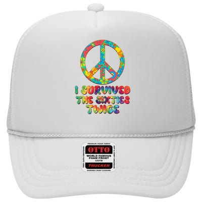 Retro Vintage I Survived The Sixties Twice Rainbow Tie Dye High Crown Mesh Back Trucker Hat