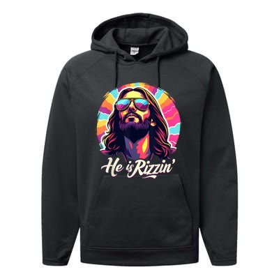 Retro Vintage Jesus Christian He Is Rizzin Jesus Is Rizzen Performance Fleece Hoodie