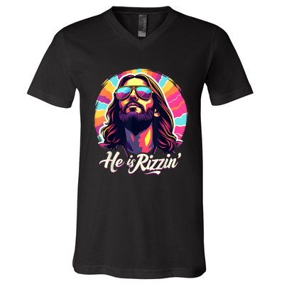 Retro Vintage Jesus Christian He Is Rizzin Jesus Is Rizzen V-Neck T-Shirt