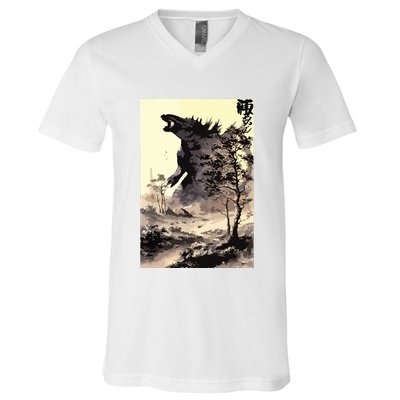 Retro Vintage Japanese Art Legendary Rare Kaiju Calligraphy V-Neck T-Shirt