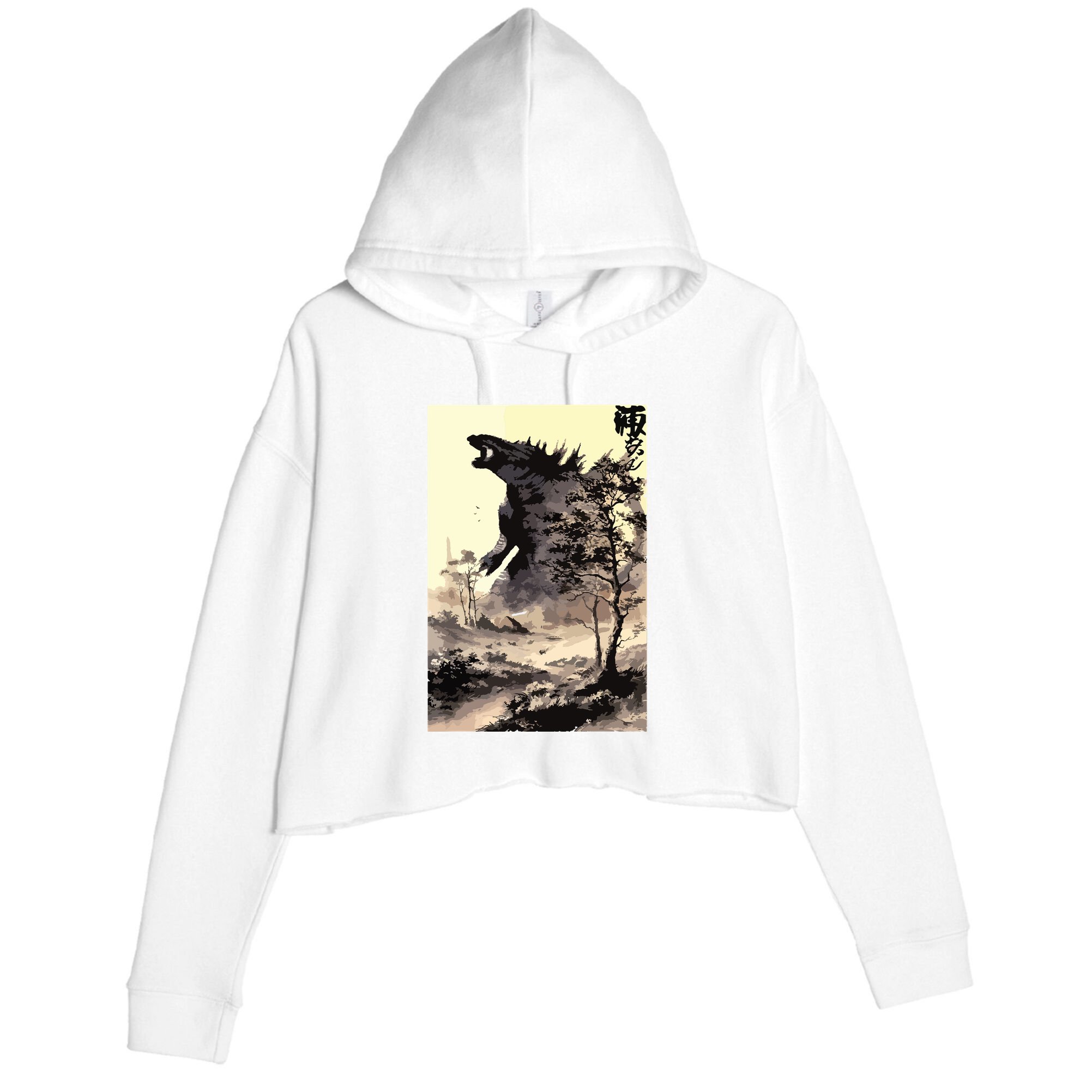 Retro Vintage Japanese Art Legendary Rare Kaiju Calligraphy Crop Fleece Hoodie
