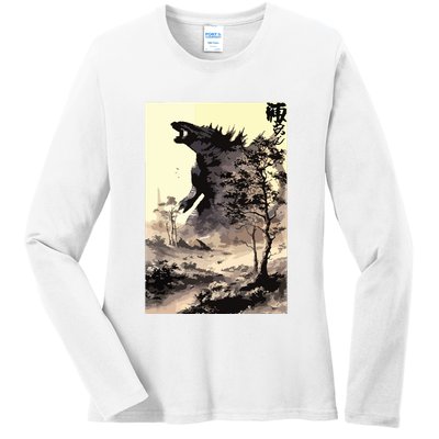 Retro Vintage Japanese Art Legendary Rare Kaiju Calligraphy Ladies Long Sleeve Shirt