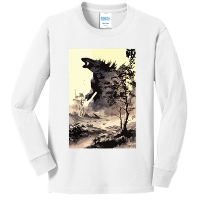 Retro Vintage Japanese Art Legendary Rare Kaiju Calligraphy Kids Long Sleeve Shirt