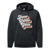 Retro Vintage Jesus Loves You Performance Fleece Hoodie