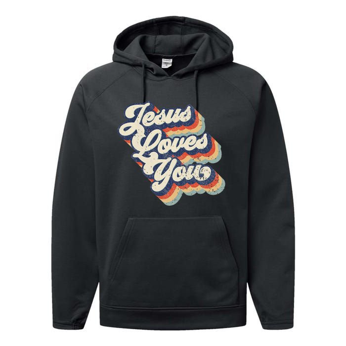 Retro Vintage Jesus Loves You Performance Fleece Hoodie