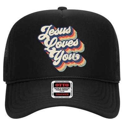 Retro Vintage Jesus Loves You High Crown Mesh Back Trucker Hat