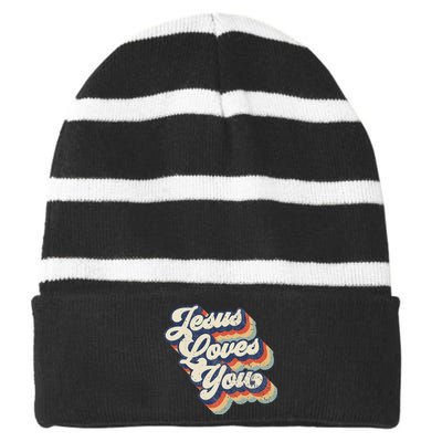 Retro Vintage Jesus Loves You Striped Beanie with Solid Band