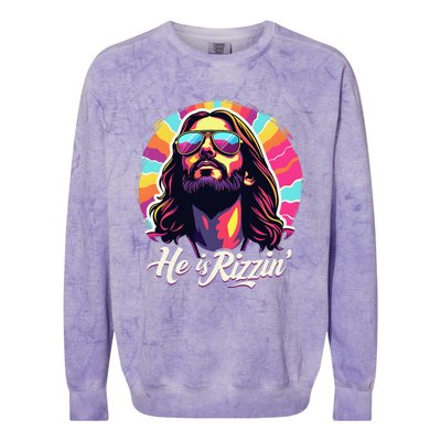 Retro Vintage Jesus Christian He Is Rizzin Jesus Is Rizzen Colorblast Crewneck Sweatshirt