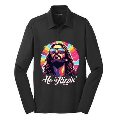 Retro Vintage Jesus Christian He Is Rizzin Jesus Is Rizzen Silk Touch Performance Long Sleeve Polo