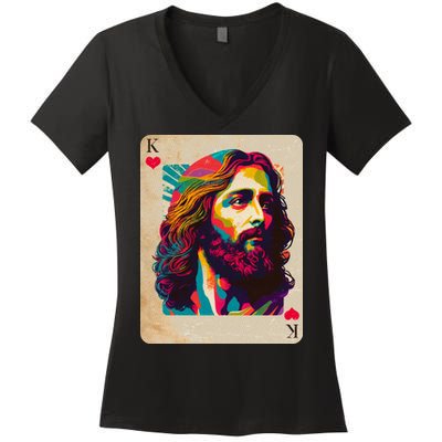 Retro Vintage Jesus Is King Of Kings Playing Card Women's V-Neck T-Shirt