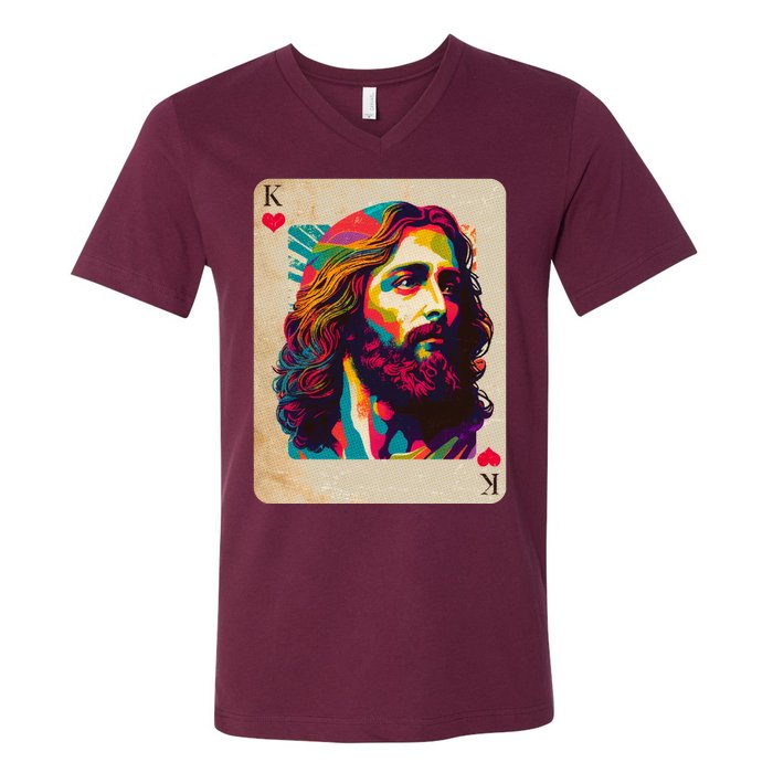 Retro Vintage Jesus Is King Of Kings Playing Card V-Neck T-Shirt