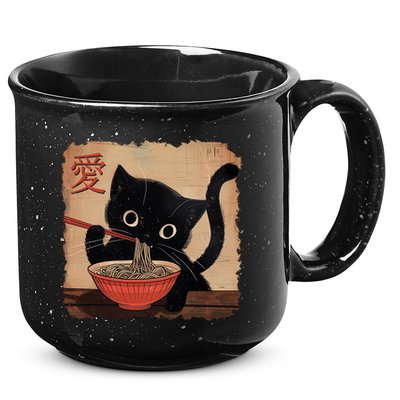 Retro Vintage Japanese Ramen Noodle Neko Cat 15oz Campfire Ceramic Mug