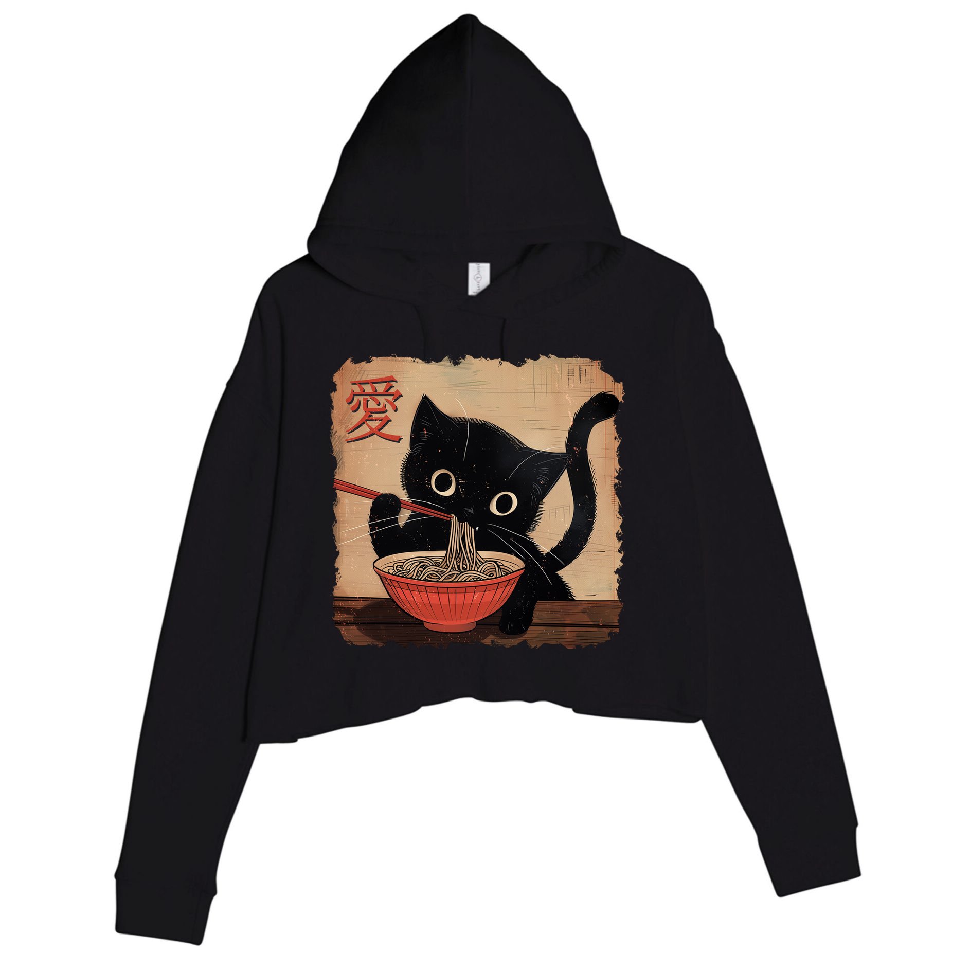Retro Vintage Japanese Ramen Noodle Neko Cat Crop Fleece Hoodie