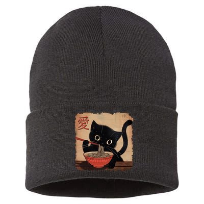 Retro Vintage Japanese Ramen Noodle Neko Cat Sustainable Knit Beanie