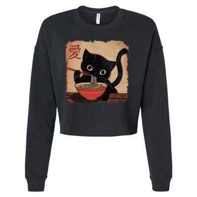 Retro Vintage Japanese Ramen Noodle Neko Cat Cropped Pullover Crew