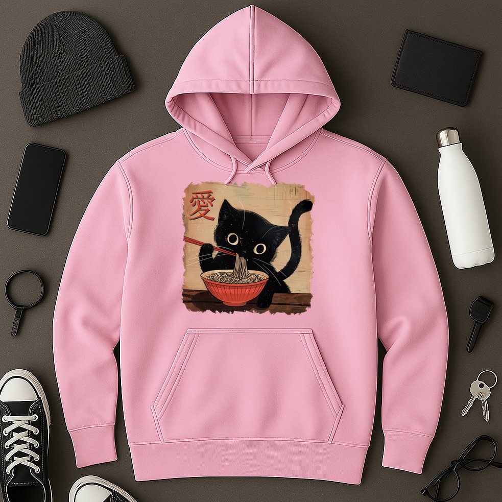 Retro Vintage Japanese Ramen Noodle Neko Cat Hoodie