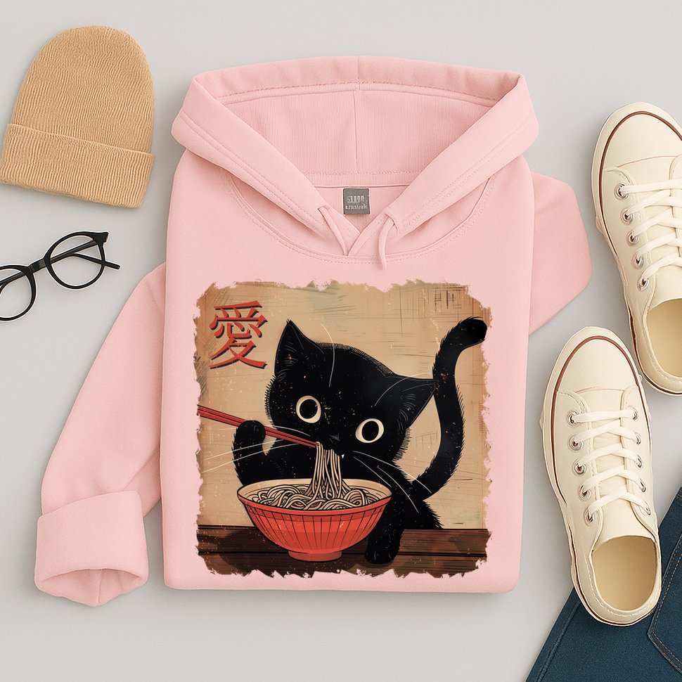 Retro Vintage Japanese Ramen Noodle Neko Cat Hoodie