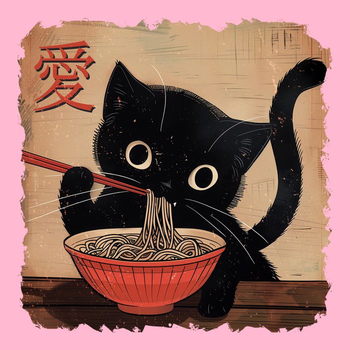 Retro Vintage Japanese Ramen Noodle Neko Cat Long Sleeve Shirt