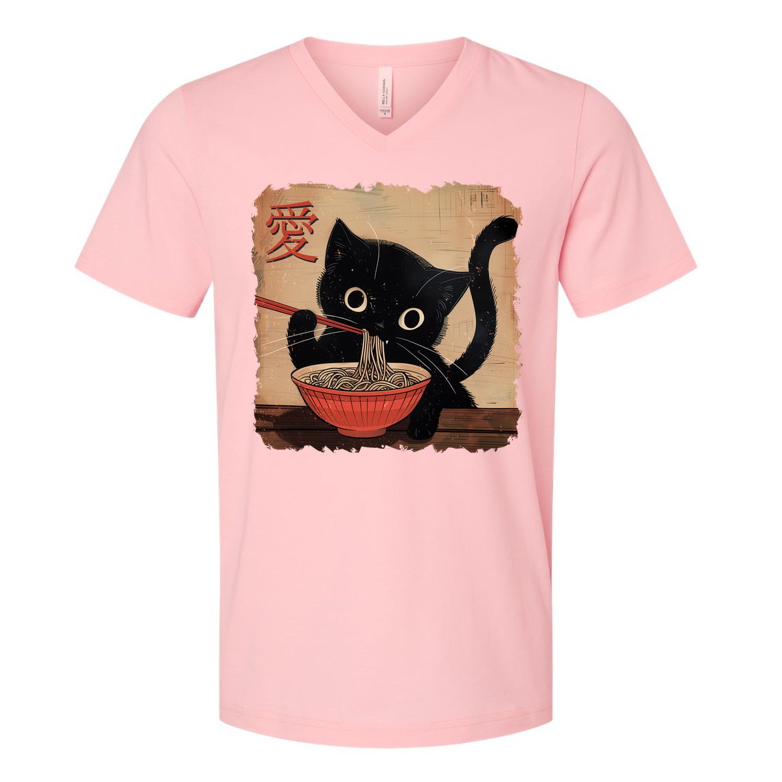 Retro Vintage Japanese Ramen Noodle Neko Cat V-Neck T-Shirt
