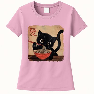 Retro Vintage Japanese Ramen Noodle Neko Cat Womens T-Shirt