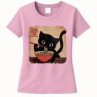 Retro Vintage Japanese Ramen Noodle Neko Cat Womens T-Shirt