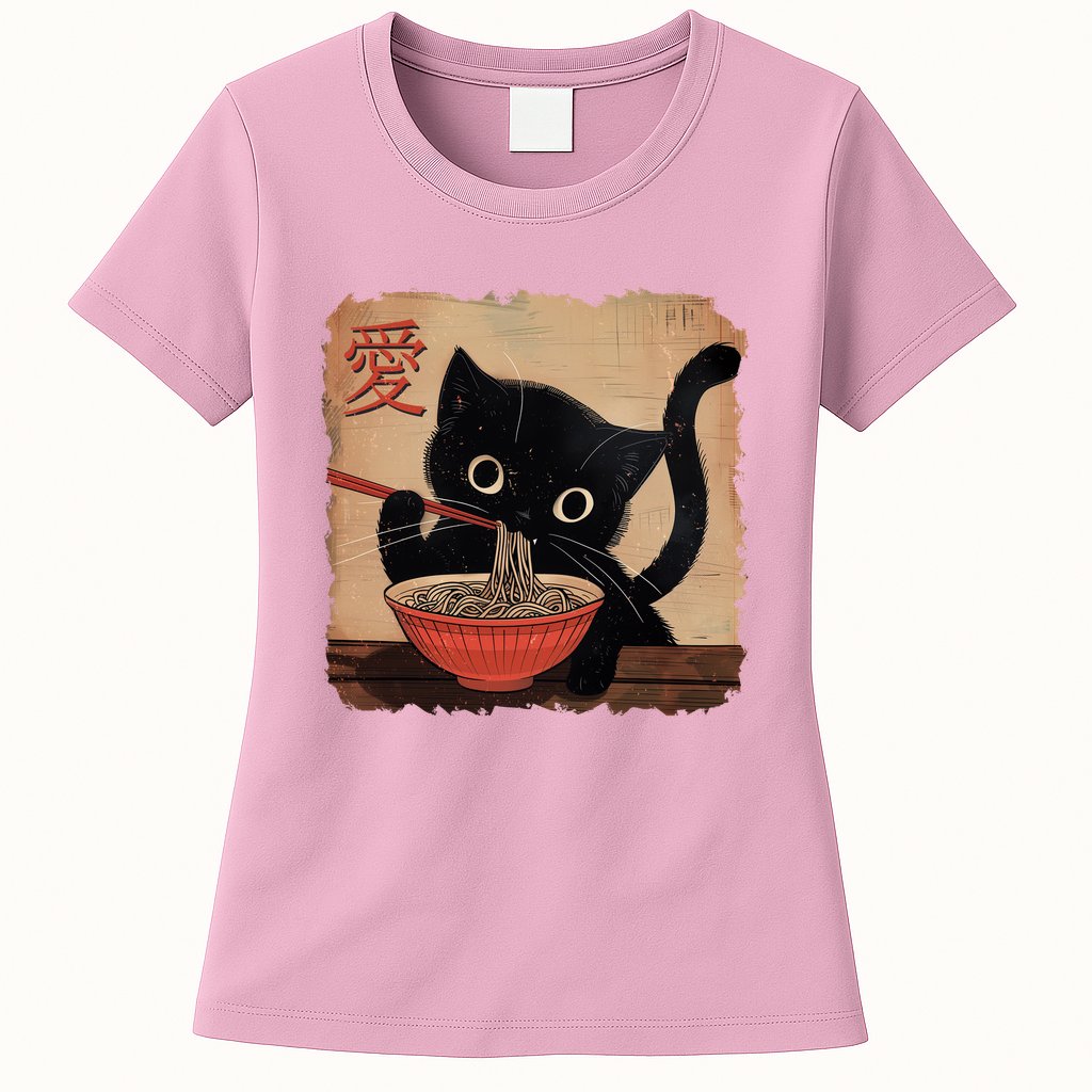 Retro Vintage Japanese Ramen Noodle Neko Cat Womens T-Shirt