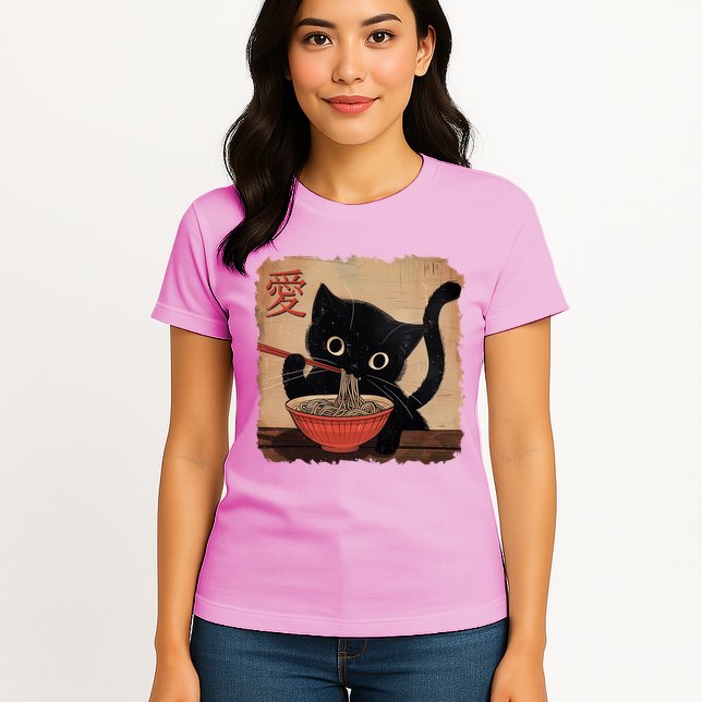 Retro Vintage Japanese Ramen Noodle Neko Cat Womens T-Shirt