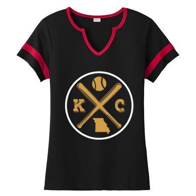 Retro Vintage Kansas City Baseball Emblem Ladies Halftime Notch Neck Tee