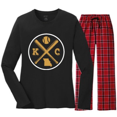 Retro Vintage Kansas City Baseball Emblem Women's Long Sleeve Flannel Pajama Set 