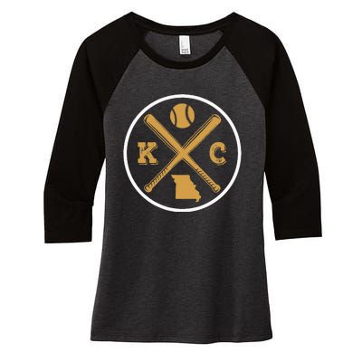 Retro Vintage Kansas City Baseball Emblem Women's Tri-Blend 3/4-Sleeve Raglan Shirt