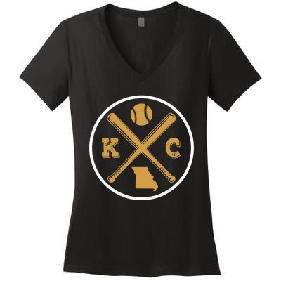 Retro Vintage Kansas City Baseball Emblem Women's V-Neck T-Shirt