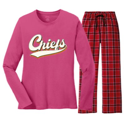 Retro Chiefs Fan Logo Women's Long Sleeve Flannel Pajama Set 