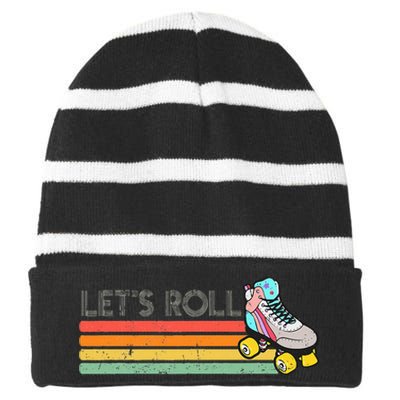 Retro Vintage Lets Roll Roller Skating Skater Skate 80s 70s Striped Beanie with Solid Band