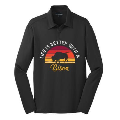 Retro Vintage Life Is Better With A Bison Lovers Silk Touch Performance Long Sleeve Polo