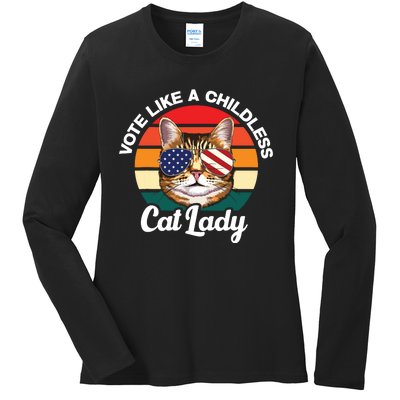 Retro Vote Like A Childless Cat Lady Funny Voting Kamala 24 Ladies Long Sleeve Shirt