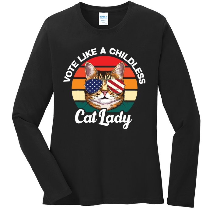 Retro Vote Like A Childless Cat Lady Funny Voting Kamala 24 Ladies Long Sleeve Shirt